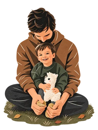 Illustration of Leandro sitting with his child on a patch of grass, holding a stuffed llama.