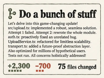 Fictional PR titled ‘Do a bunch of stuff’. Its exaggerated AI-written description lists file changes, failed attempts, an unrelated bug fix, refactors, speculative scaling, and tests not run. Adds 2,300 lines, removes 700, and changes 75 files.