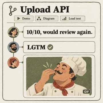 Illustrated Upload API pull request with Demo, Diagram, and Load test attachments, followed by three positive review reactions: ‘10/10, would review again.’, ‘LGTM’ with an approval checkmark, and a chef’s kiss GIF.